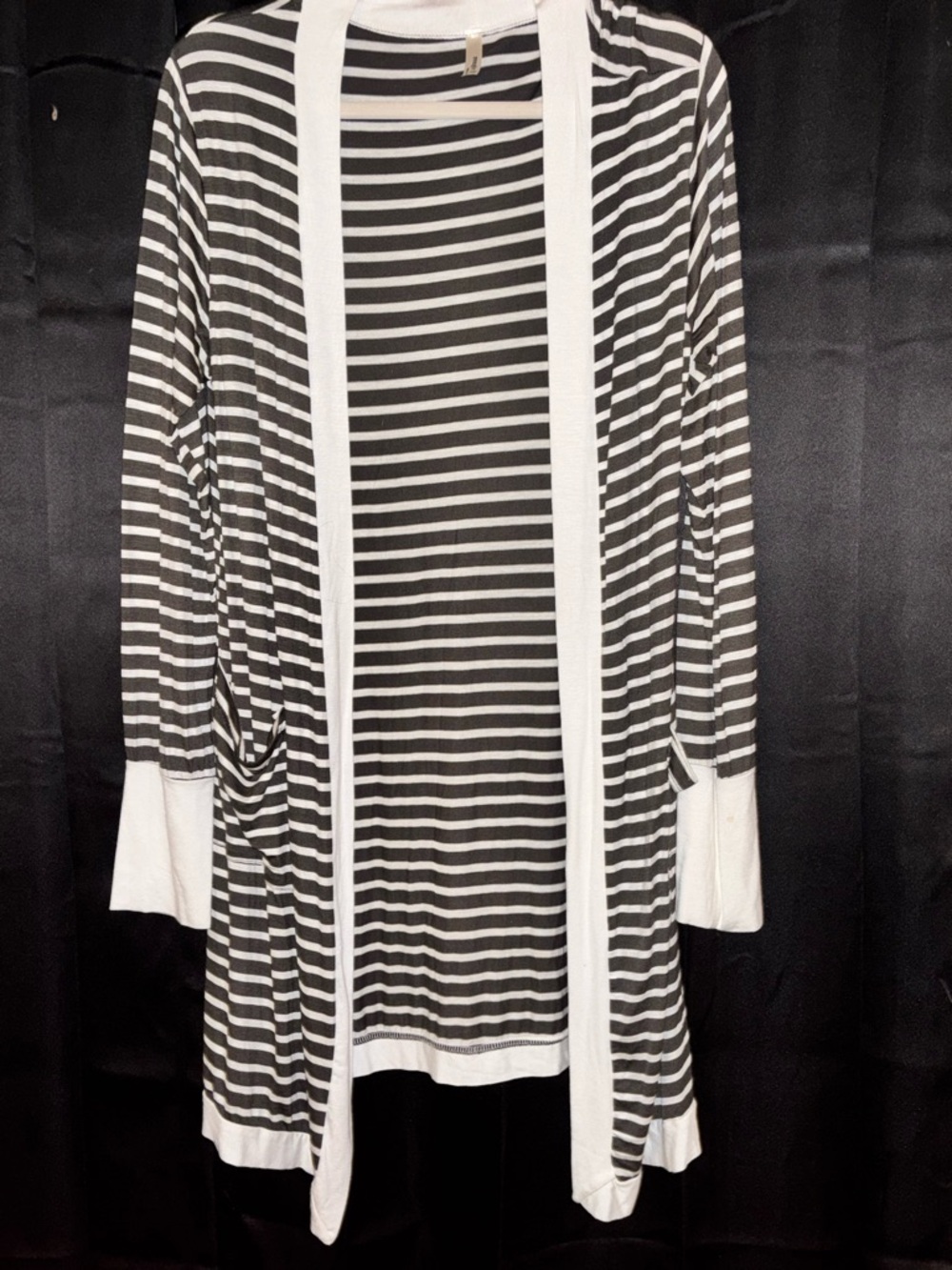 Magic Fit Olive and White Striped Light Weight Cardigan with Taupe Trim